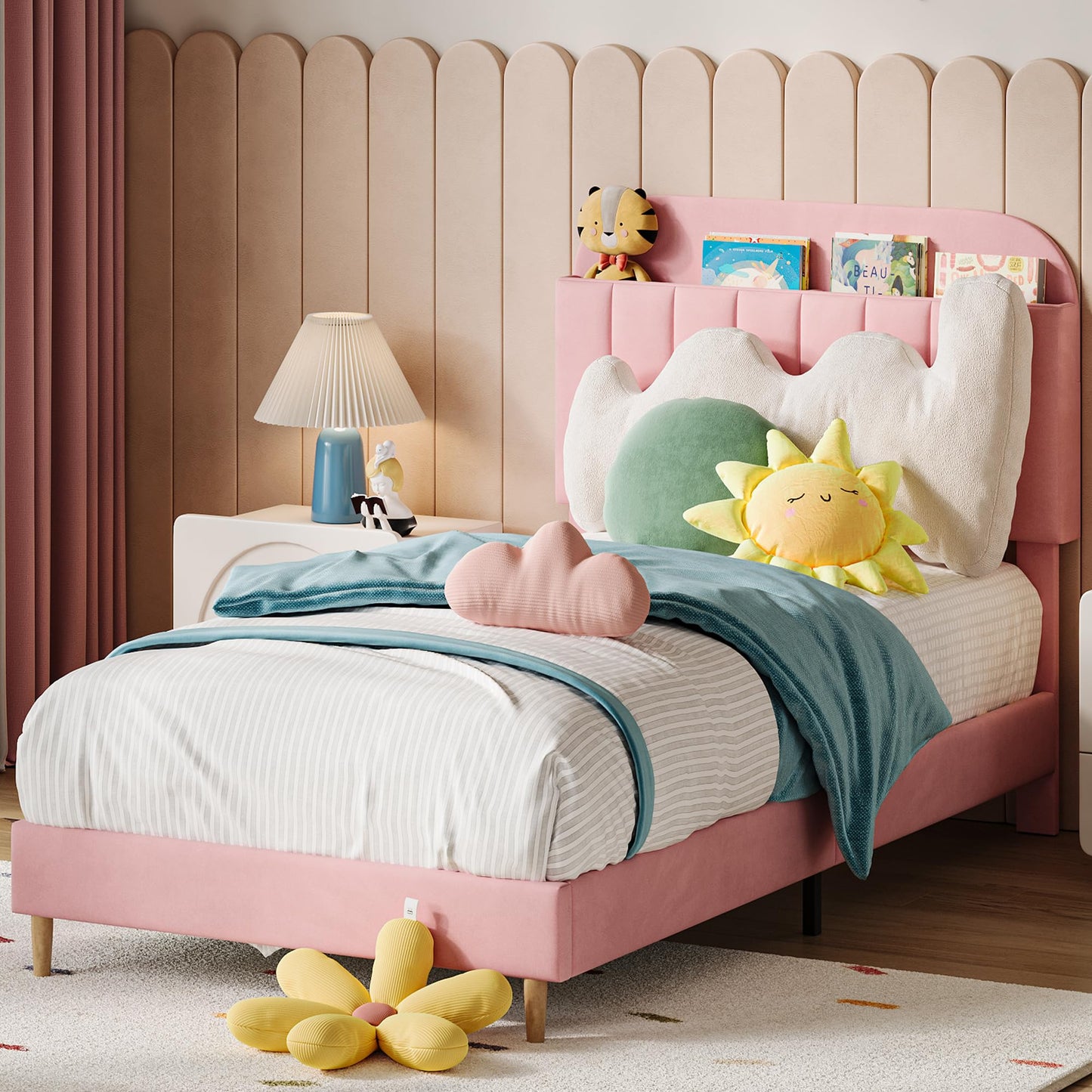 IDEALHOUSE Twin Bed Frames, Upholstered Platform Bed Frame with Bookcase Headboard, Velvet Platform Bed Mattress Foundation, Heavy Duty Steel Support Legs, Easy Assembly, Noise Free, Pink