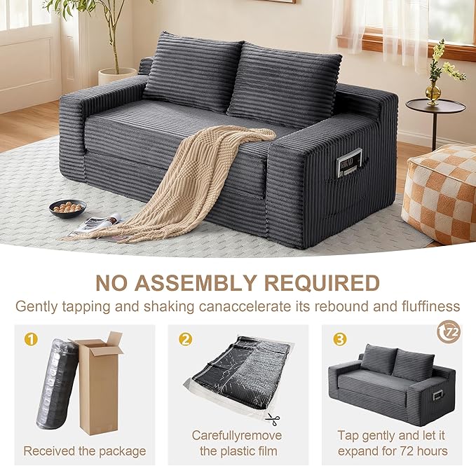 73" Convertible Sofa Bed, 2 in 1 Folding Couch Bed, Boneless Couch in a Box, Cloud Loveseat Sleeper, Fold Out Comfy Floor Futon Sofa with 2 Pillows for Living Room Bedroom, No Assembly (Grey, 73")