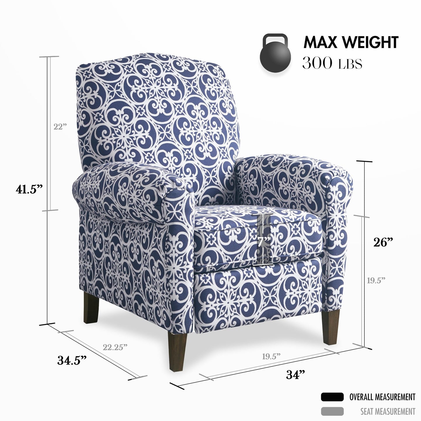 Madison Park Chic Recliner Chair for Living Room, Comfy Reading Chair, Padded Seat Backrest, Solid Wood Legs, Indoor Furniture for Bedroom Décor, Apartment, Single Sofa Home Theater - Navy Kirby