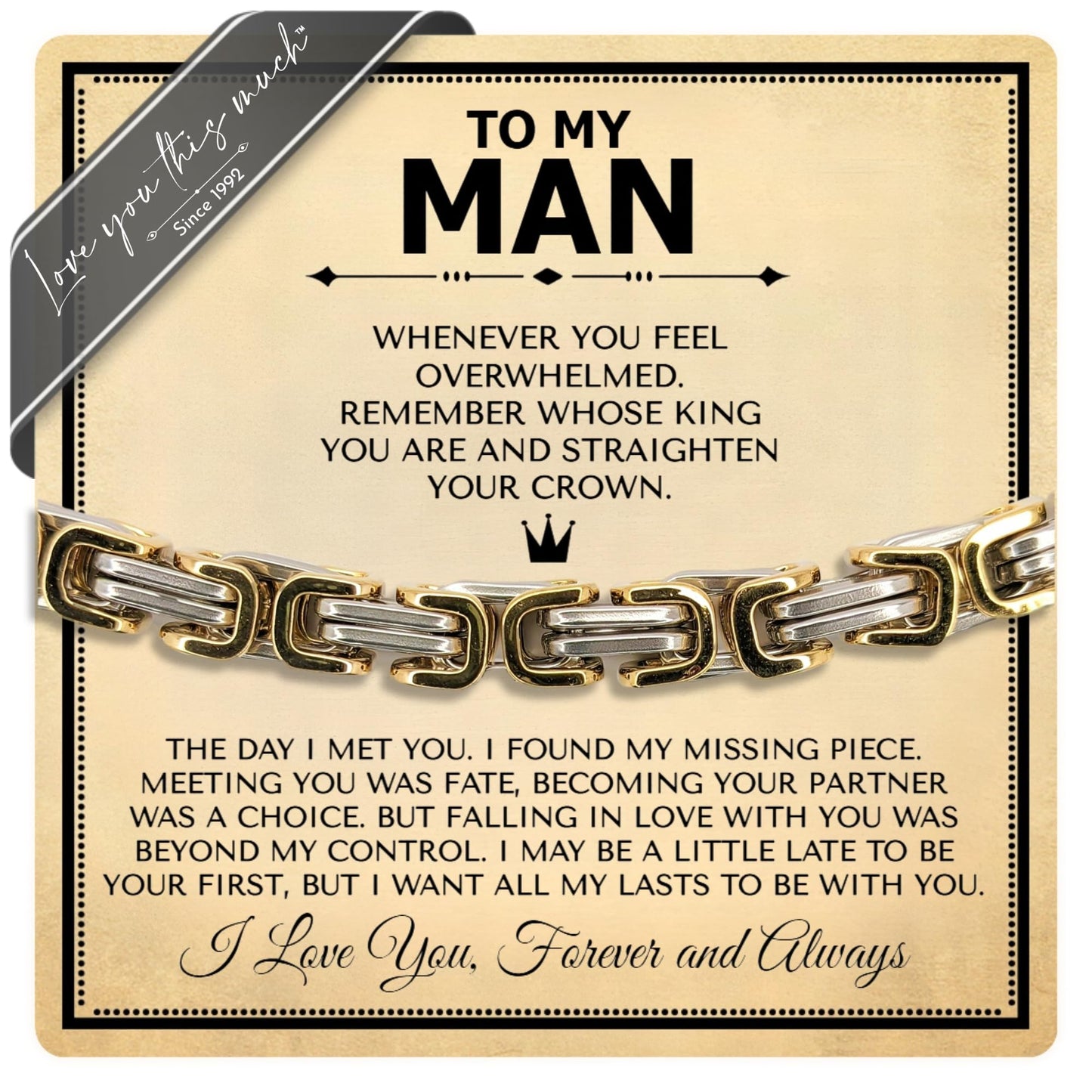 Love You This Much To My Man Straighten Your Crown Gift for Him | 5mm Twist Steel Bracelet | 8" + 1" Extender | I Love You Gifts for Him | Luxury Gift Box & Card (Silver-Gold)