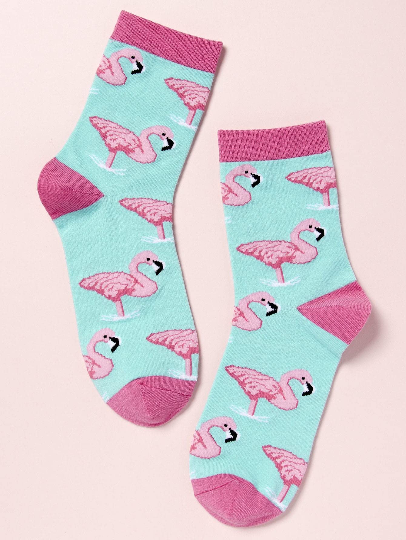 SHENHE Women's Heart Print Crew Socks Ribbed Knit Mid Calf Dress Socks Flamingo Printed one-size