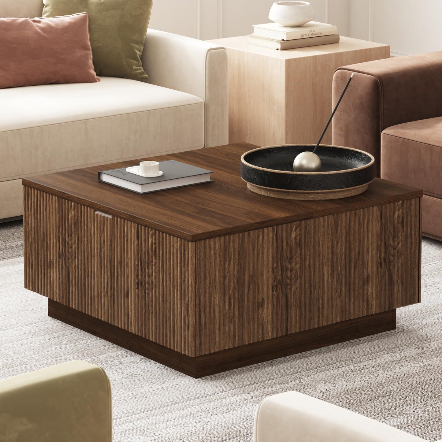 Epecoya 31" Lift Top Coffee Table with Hidden Storage & Farmhouse Fluted Design, Square Wooden Lift-Top Table for Living Room, Apartment, Small Spaces, Brown Walnut