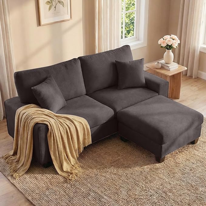 DOPEDIO L-Shaped Sectional Sofa with Storage Ottoman, Modern Chenille Recliner Loveseat, Removable Couch Covers, Pocket Spring Cushions, Solid Wood Frame, Easy to Install (71.25inch, Dark Grey)