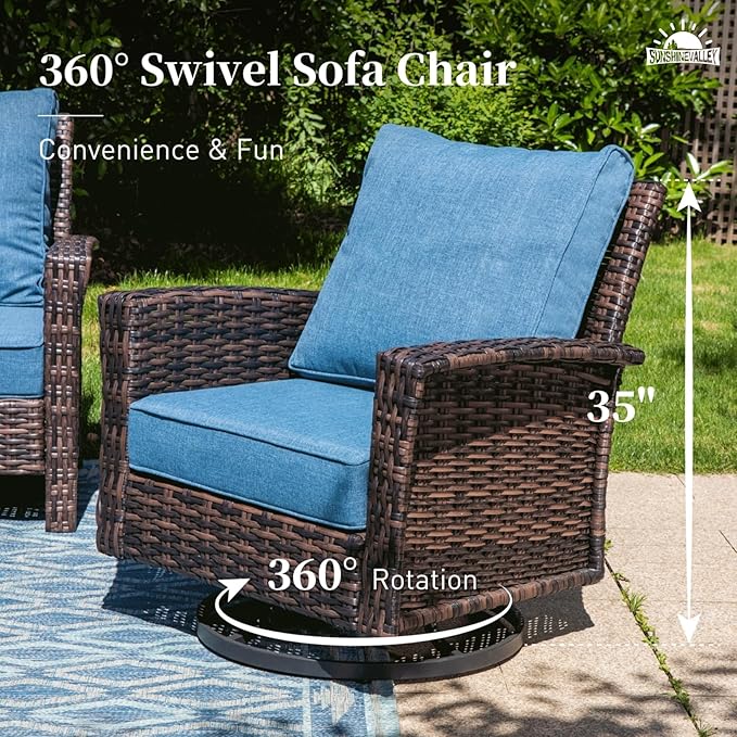 SUNSHINE VALLEY Patio Wicker Swivel Chairs Set of 2, Outdoor High Back Chairs with 5.5" Waterproof Cushions and Side Table, Outdoor Furniture Set for Deck Porch and Yard, Peacock Blue