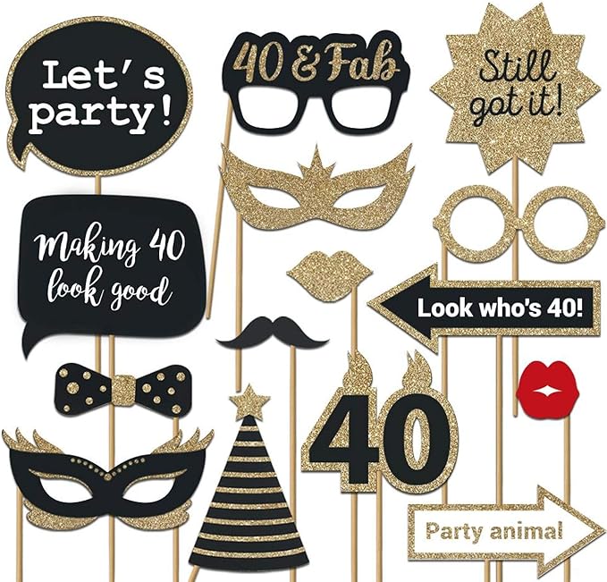 Fully Assembled 40th Birthday Photo Booth Props - Set of 30 - Black & Gold Selfie Signs - 40th Party Supplies & Decoration...