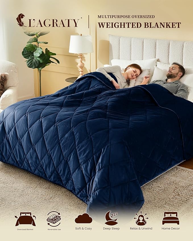 L'AGRATY Queen Size Weighted Blanket for Adults 15lbs, 60"x80" — Cooling Breathable Heavy Blanket with Glass Beads for Sleeping Perfect Hot Sleepers & Couples Machine Washable All-Season Navy Blue