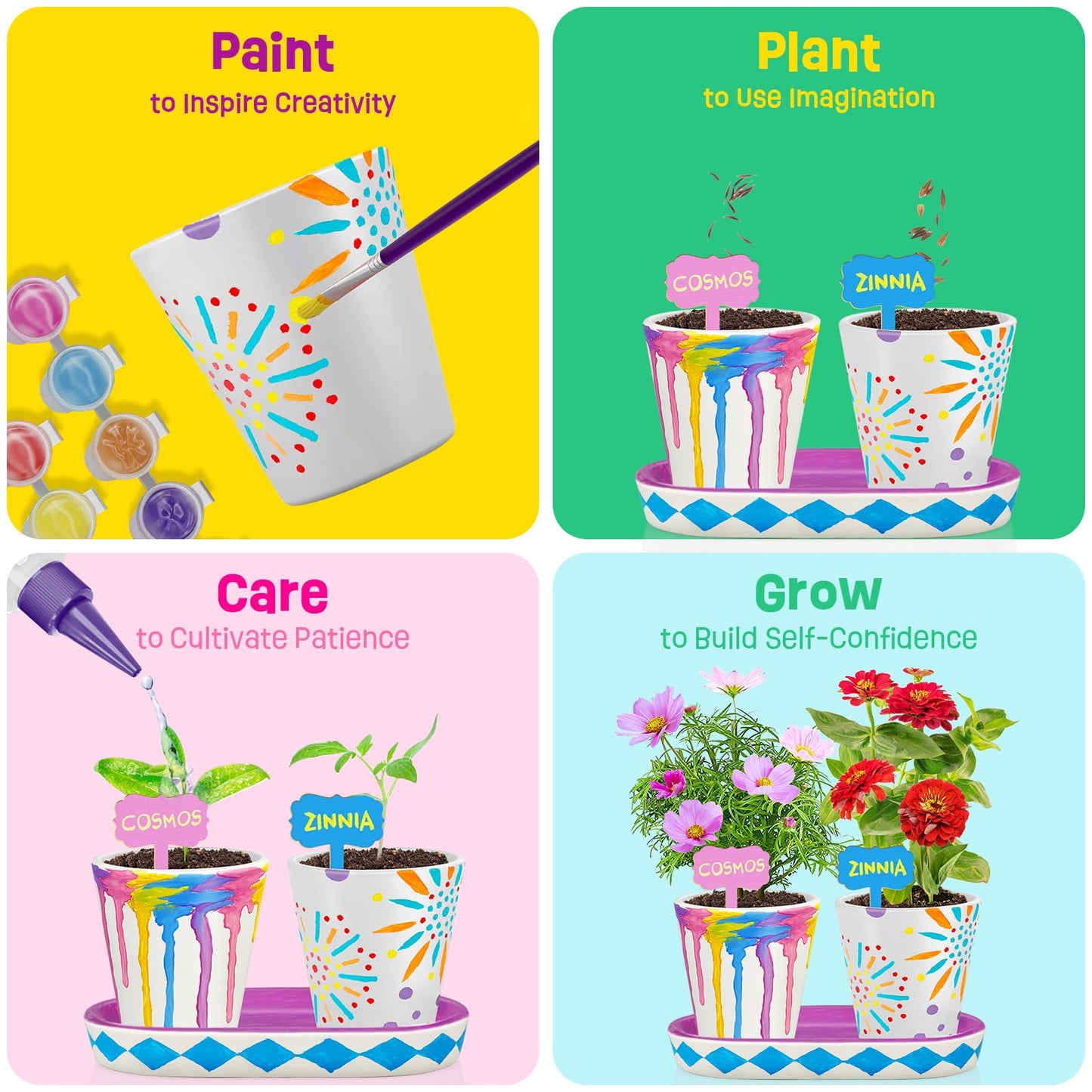 Tekoly 4 Set Paint & Plant Flower Gardening Kit - Gifts for Girls Ages 8-12, Arts and Crafts for Kids Ages 8-12, Kids Gardening Set, Birthday Toys Gifts for Girls Boys Ages 6 7 8 9 10 11 12