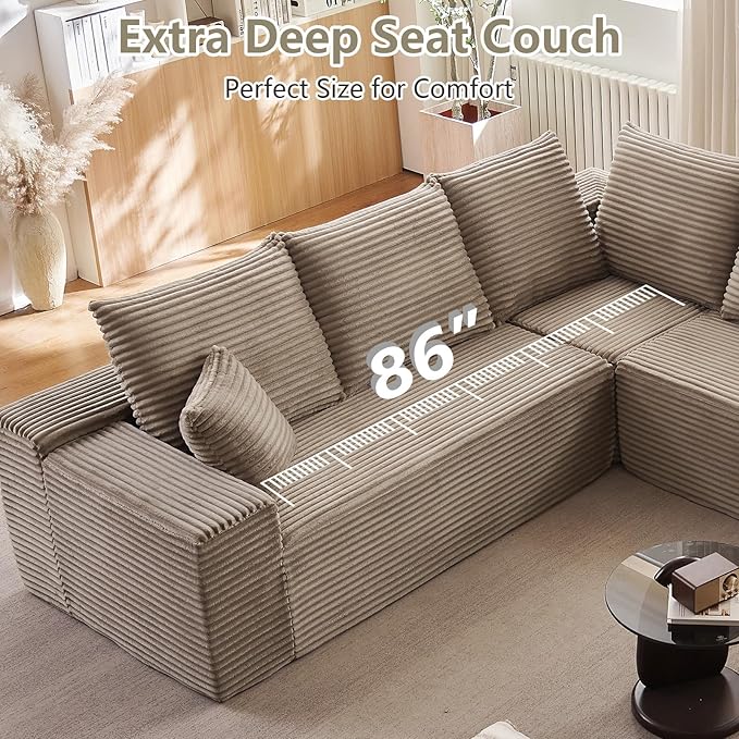 Sectional Cloud Couch for Living Room, Modular Floor Deep-Seat Sofa, Big Comfy Corduroy Couches Set with Fluffy Memory Foam, Stupendous L Shaped Sofas with Chaise, No Assembly Required, Camel