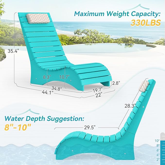 Homenjoy HDPS Pool Lounge Chairs Set of 2, Use in Pools Lounge Chairs up to 10-Inches of Water, Chaise Chairs with Headrest, Lounge Chair Outdoor, Fade-Resistant Pool Lounger for Deck