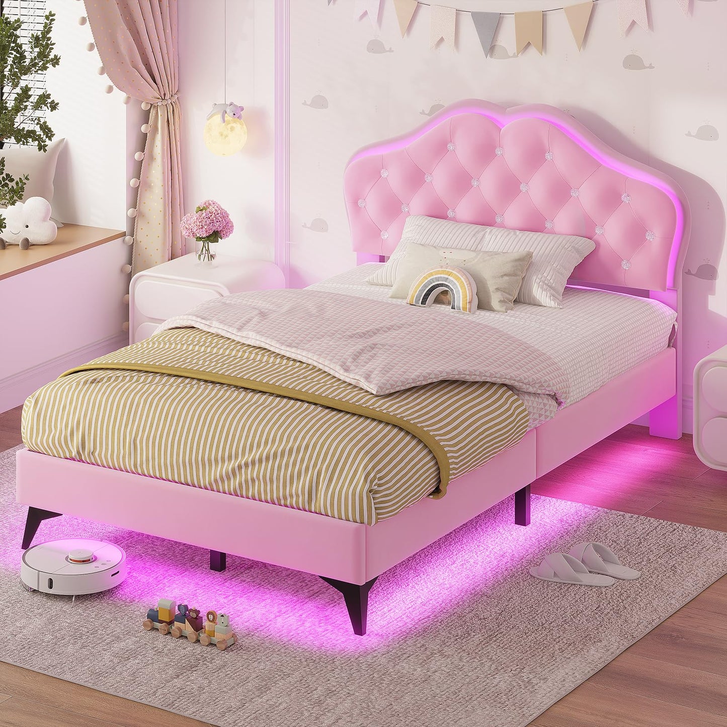 ADORNEVE Twin Size Upholstered LED Bed Frame, Girls Bed with Adjustable Crystal Button Headboard, Velvet Princess Platform Bed for Girls, Solid Wooden Slats, Easy Assembly, Pink