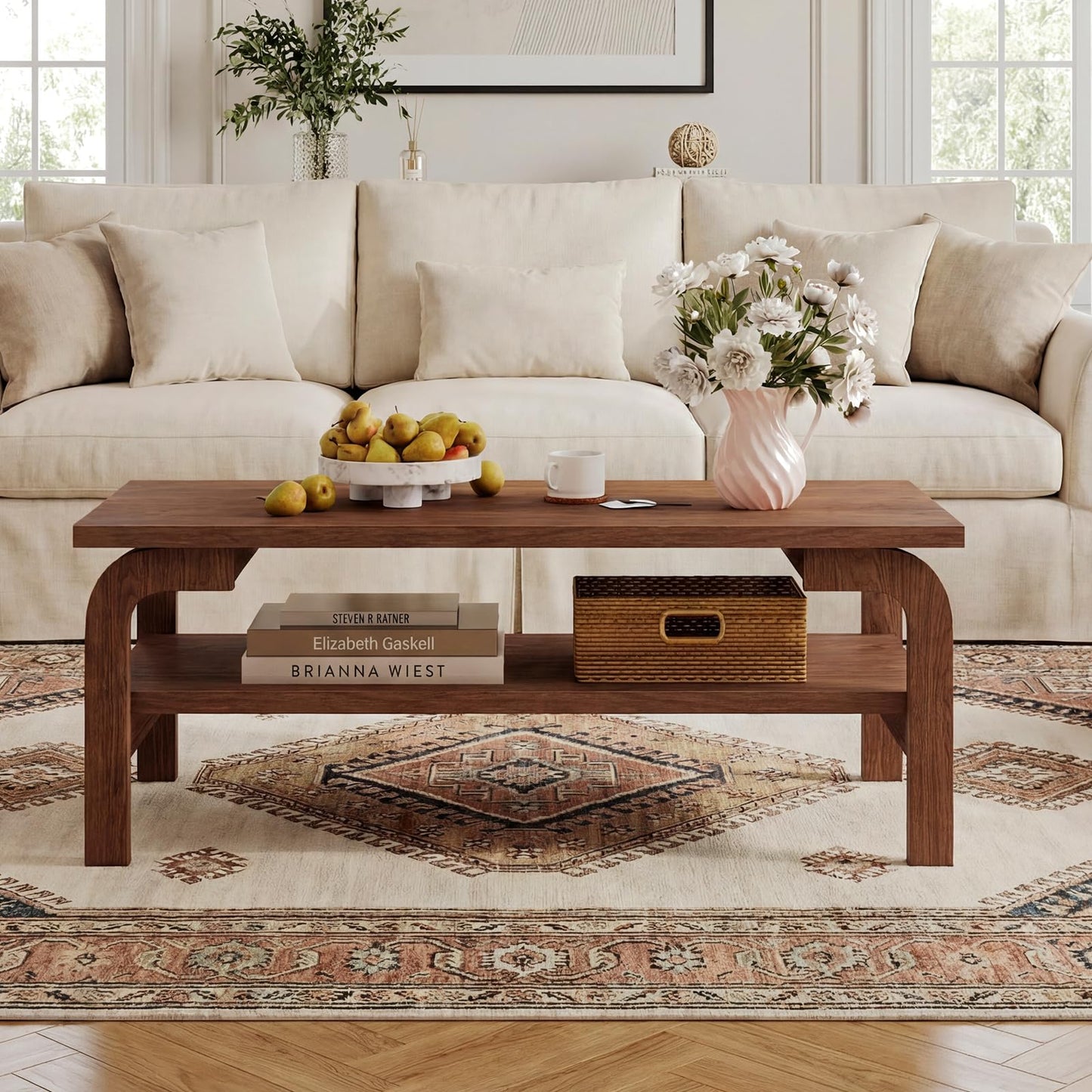 Giantex Mid Century Modern Coffee Table, 47" 2-Tier Center Table with Storage Shelf, Rectangular Vintage Cocktail Table w/Curved Legs & Large Tabletop, Wood Living Room Tables for Apartment, Walnut