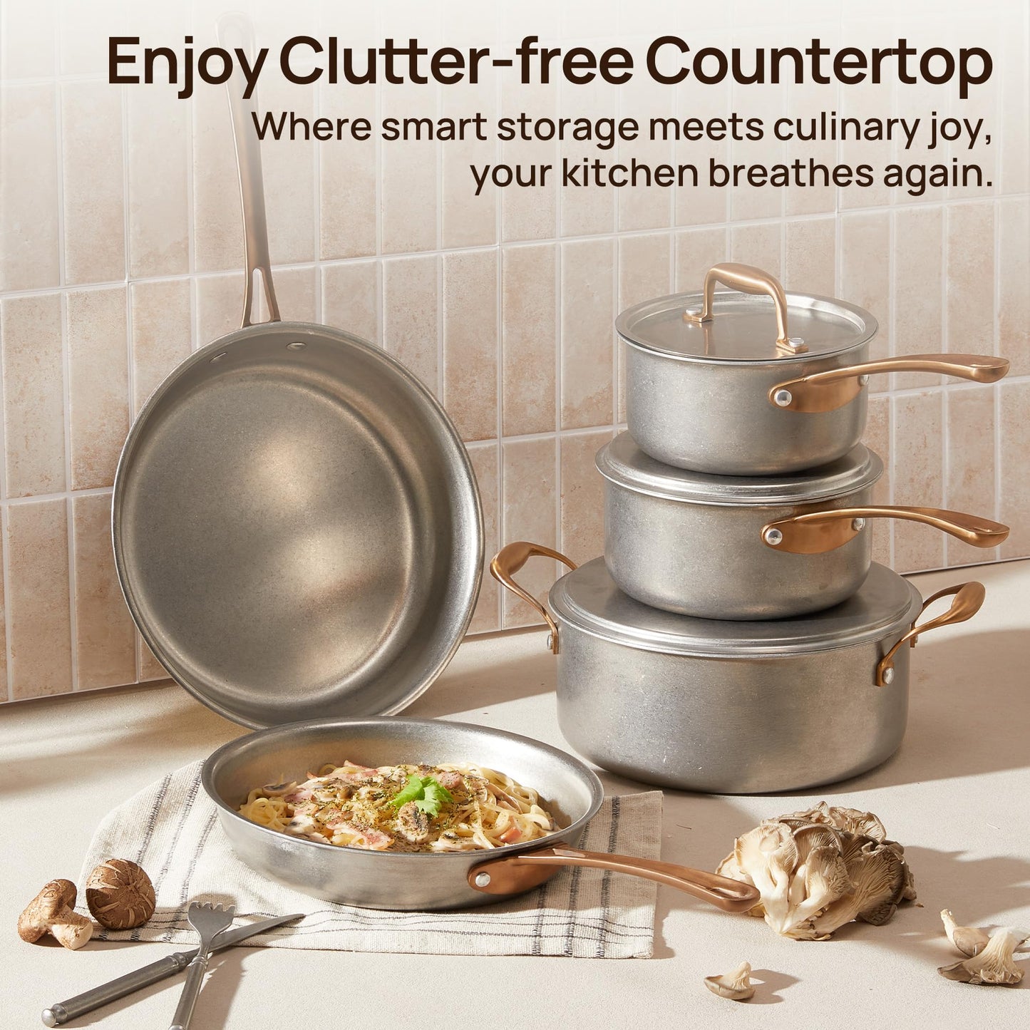 KOKHUB Pots and Pans Set 8 Pcs, Vintage Stainless Steel Cookware Set Non-Toxic, PFOA/PFOS/PTFE Free, Kitchen Cooking Set with Frying Pans, Saucepans, Oven & Dishwasher Safe, Induction Compatible