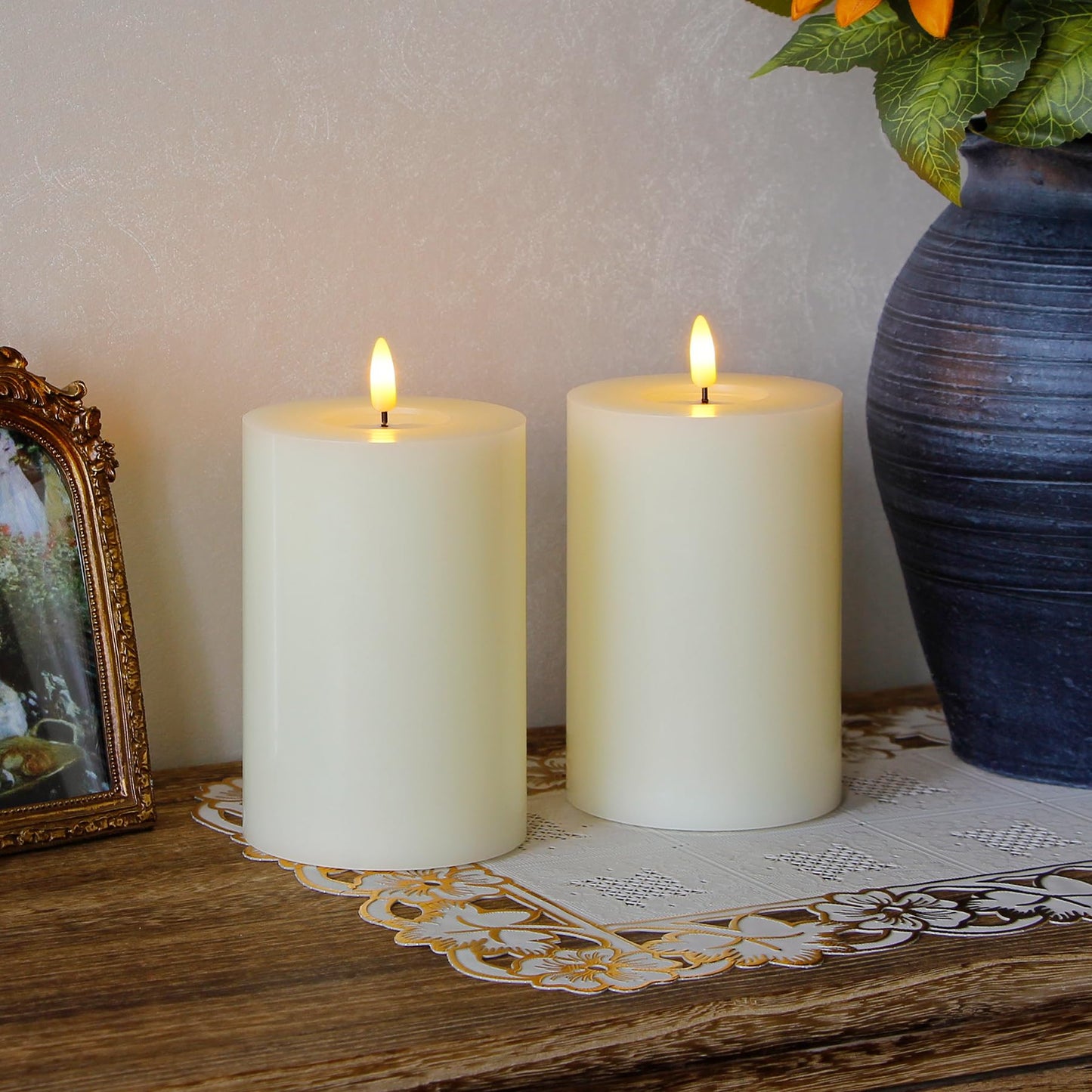Zevanor Flameless Flickering 4" x6" Real Wax Ivory Remote Candles with Candle Grease, Pack of 2 Timer LED Battery Operated Fake Warm Light Pillar Candles for Home, Banquet, Ceremony Decoration