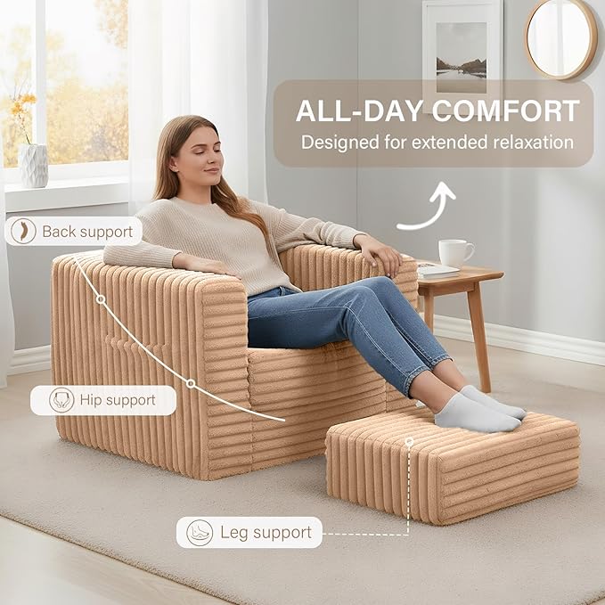 Welnow Folding Sofa Bed with Ottoman, Convertible 2-in-1 Boneless Couch Futon Lounge Chair Bed for Adults, Comfy Fold Out Sleeper Sofa for Small Spaces, Living Room, Bedroom, or Dorm, Khaki