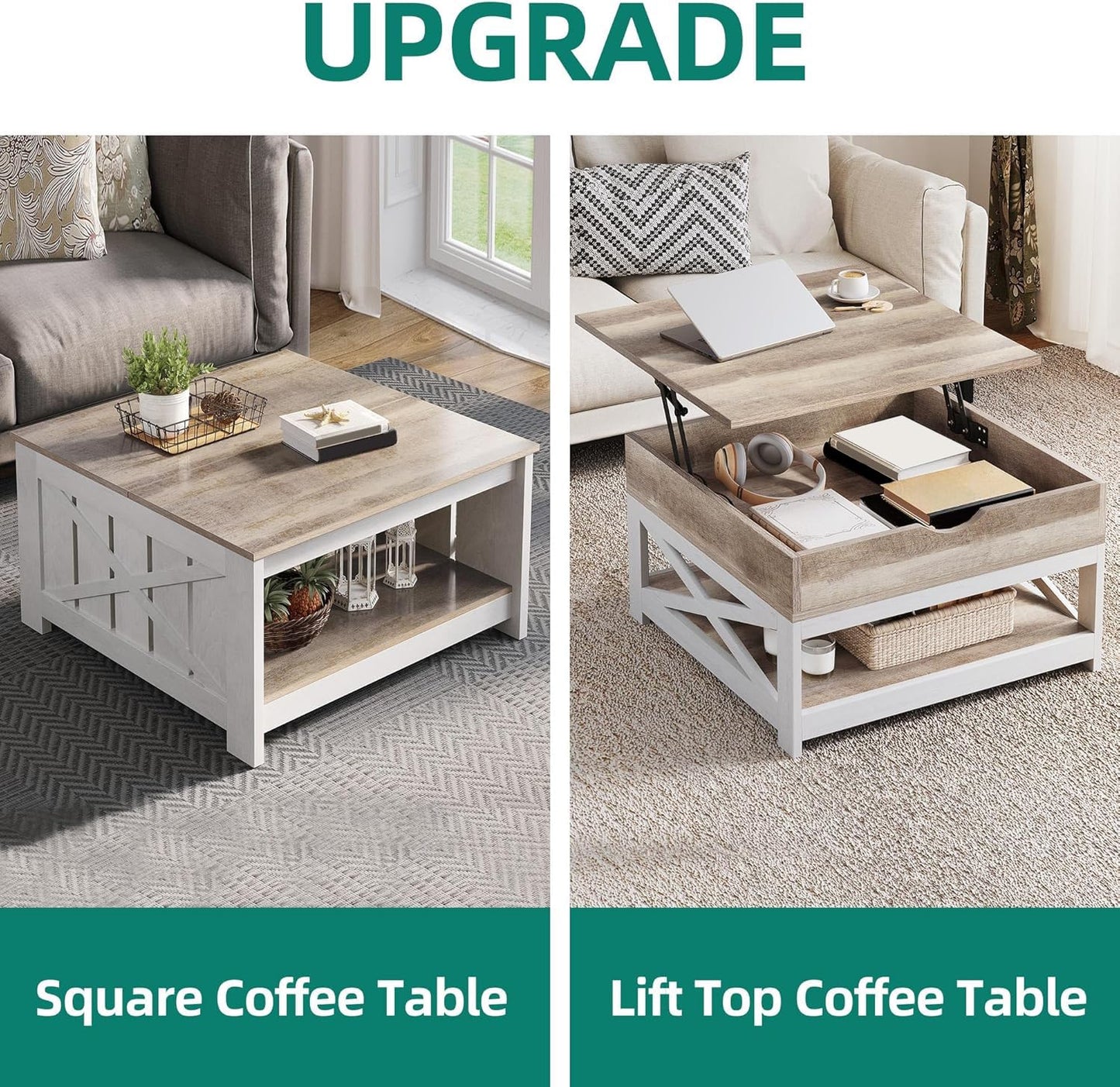 YITAHOME Coffee Tables with Living Room, Lift Top Coffee Table with Storage, Farmhouse Coffee Table, Square Wood Center Table Cocktail Table, Grey Wash