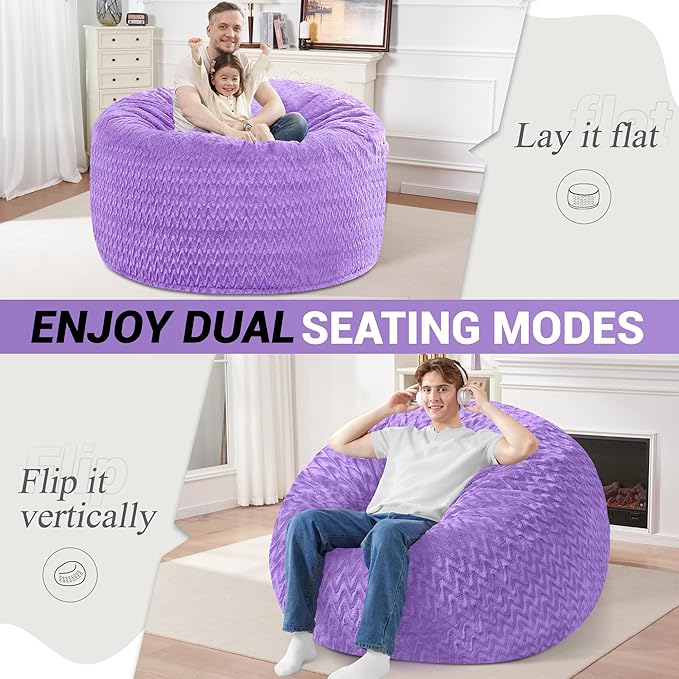4FT Bean Bag Chair,Giant Bean Bag Chairs for Adults,Big Bean Bags with Memory Foam Filled, Large Beanbag Chairs with Chevron Plush Cover-Purple