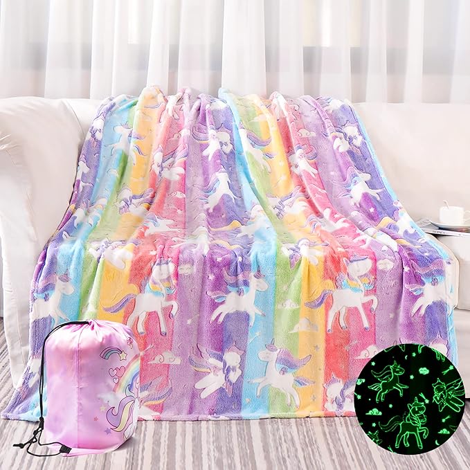 LIFEYJ Glow in The Dark Blanket Unicorns Gifts for Girls,Soft Blanket 3 4 5 6 7 8 9 10 Year Old Girl Gifts,Toddler Girls T...