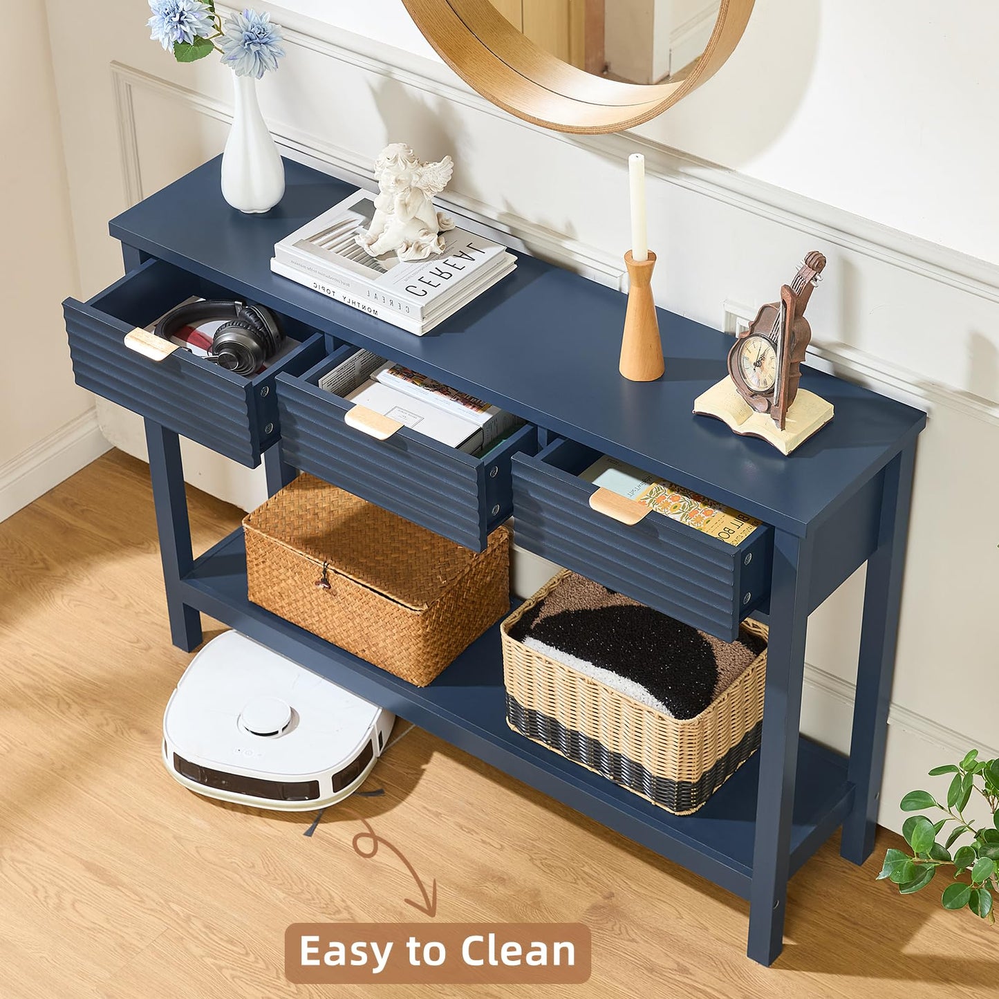 LEYAOYAO Fluted 47.2" Console Table with 3 Drawers, Modern Wood 2 Tier Entryway Table with Open Storage Shelf, Sofa Entry Tables Behind Couch for Living Room, Hallway, Entrance Foyer, Dark Navy Blue