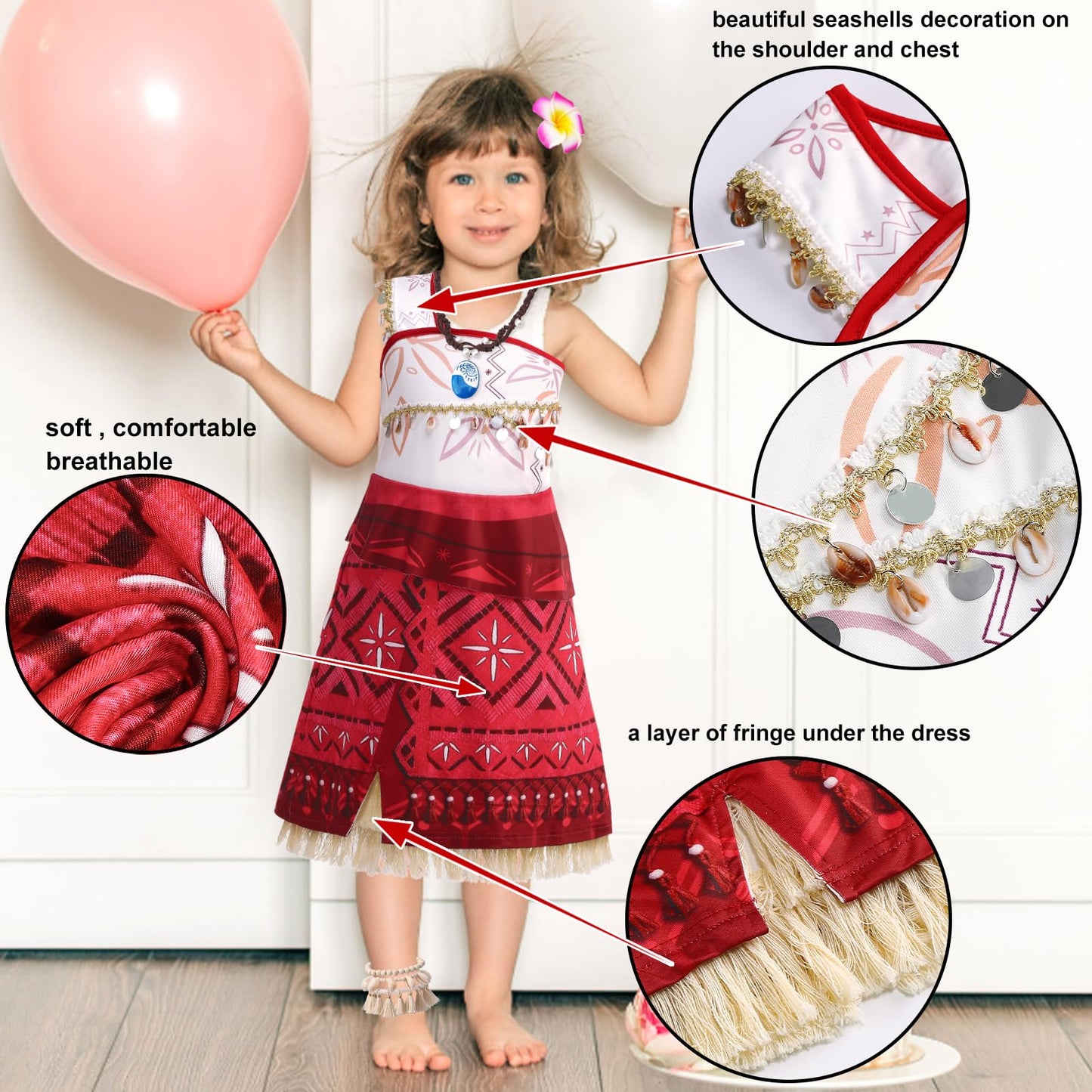 OFIHIDO Princess Costume for Girls Ocean Adventure,Princess Dress Up for Kids,Halloween Costume Birthday Gifts (8-9Years) Red