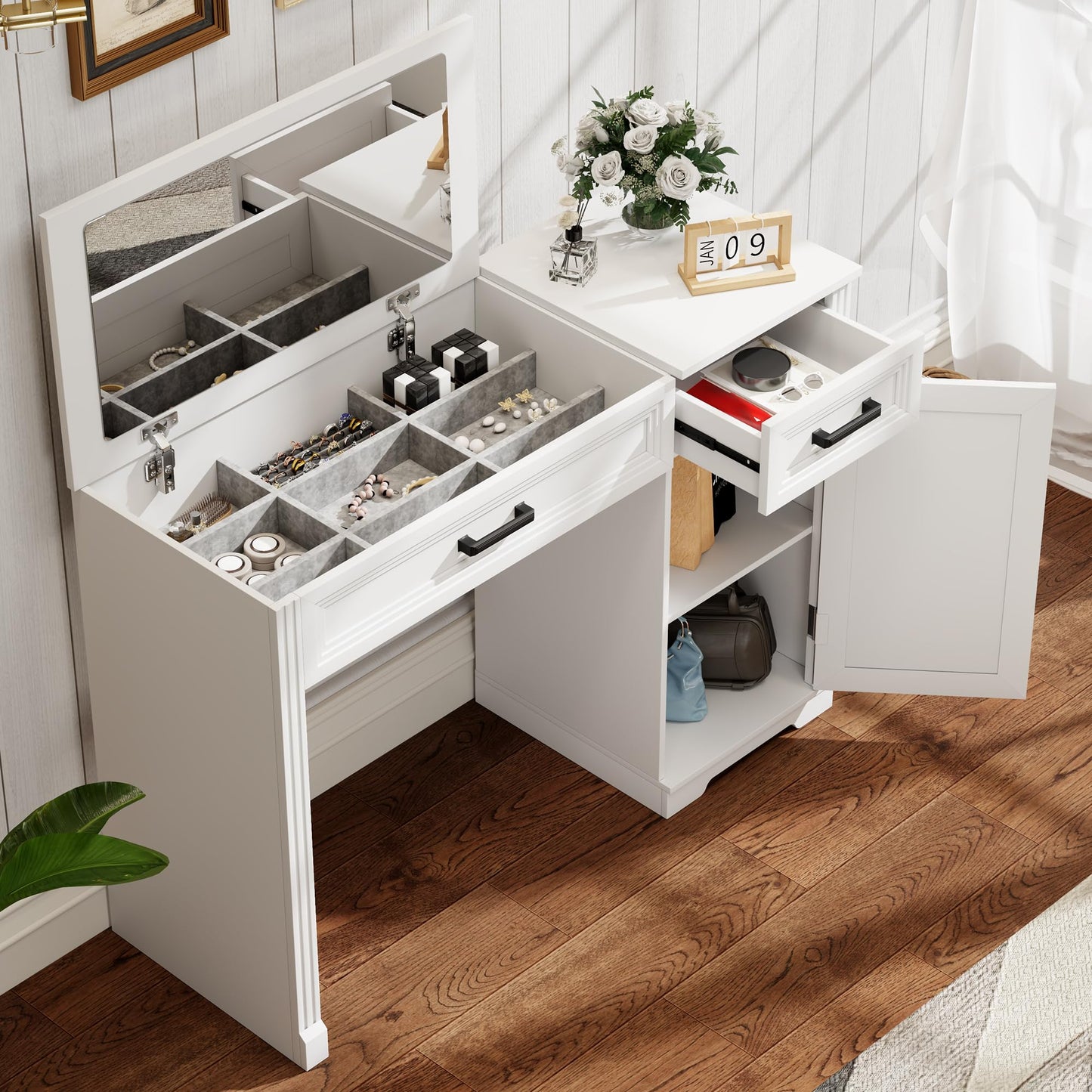 FOMNEY Farmhouse Vanity Desk with Flip Top Mirror, 43.3" W Makeup Vanity with Drawers, Storage Cabinet, Dressing Make Up Vanity Table for Bedroom, Wood Home Office Desk, Pure White
