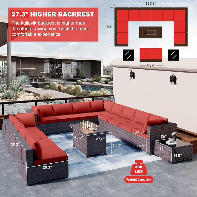Kullavik 15 Pieces Outdoor Patio Furniture Set with 43" Gas Propane Fire Pit Table PE Wicker Rattan Sectional Sofa Patio Conversation Sets,Red Cushions