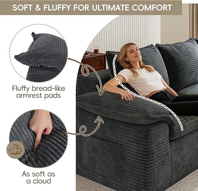 Buytime 104" Comfy Cloud Couch, Convertible Boneless Couches for Living Room, L Shaped Modular Sectional Sofa with Deep Seat, Double-Layer Cloud Cushion and Headrest, Pebble Grey