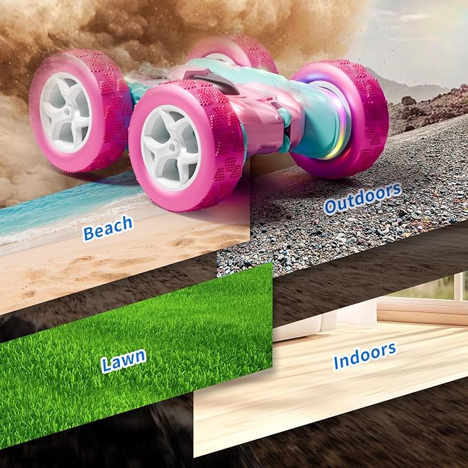 RC Car Pink 4WD Remote Control Car 360° Flip Double‑Sided LED Light Bar & Quick‑Swap USB‑C Modular Battery, 2.4 GHz No‑Interference Popular Outdoor Beach Toy, Popular Gift for Girls Ages 6‑12