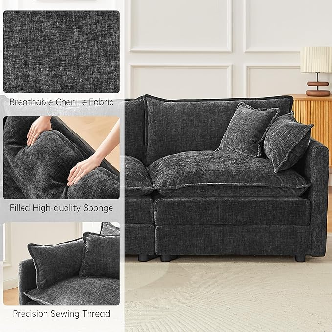 saows Modular Sectional Sofa, 147.2 Inch U Shaped Couch Set with Armrests, 4-Seater Comfy Cloud Couches with Movable Ottoman for Living Room Apartment, Grey
