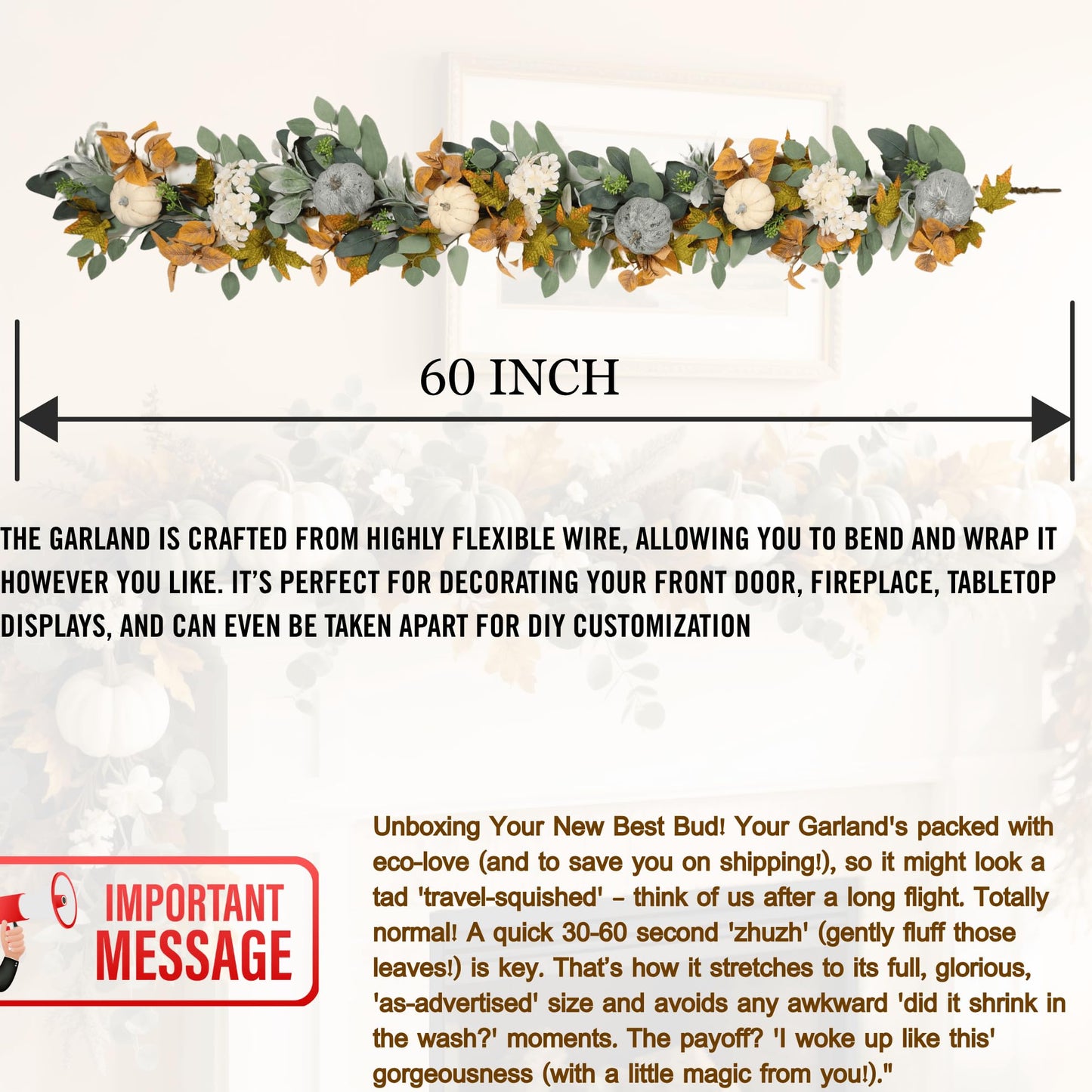 Fall Pumpkin Garland 60 Inch (5 Ft), Quixem Autumn Eucalyptus & Lambs Ear Garland with White Hydrangea Accents, for Thanksgiving Halloween Mantel Decor Table Centerpiece Home Wall Farmhouse Indoor