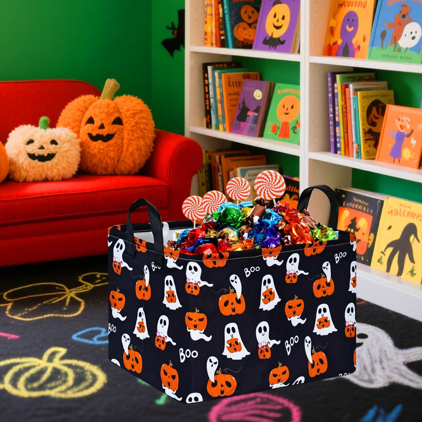 KUNRO Pumpkin Pattern Halloween Storage Gift Basket Canvas Storage Bins with Handles Rectangle Storage Cubes Organizer for Bedroom Living Room