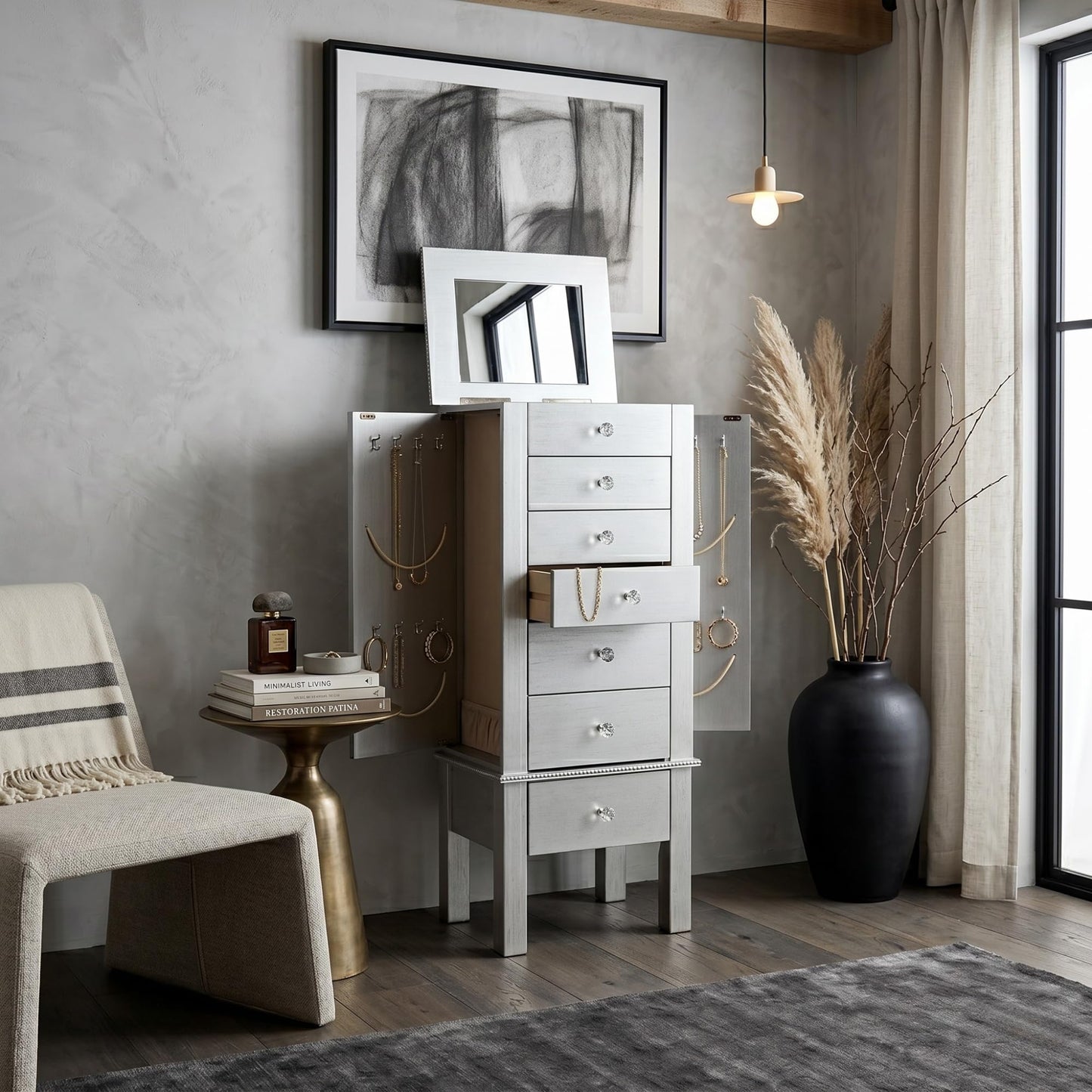 Hives and Honey Lauren Jewelry Armoire, 6 Felt-Lined Drawers, Side Necklace Hooks, Built-In Mirror, Cord Port, Elegant Beaded Trim, Jewel Knobs, Jewelry Storage Organizer, Silver