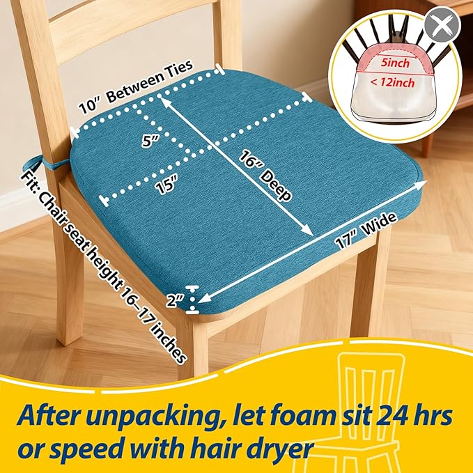 AAAAAcessories D-Shaped Chair Cushions, 2" Thick Dining Chair Pads with Ties and Removable, Machine-Washable Cover, 17" x 16", Teal