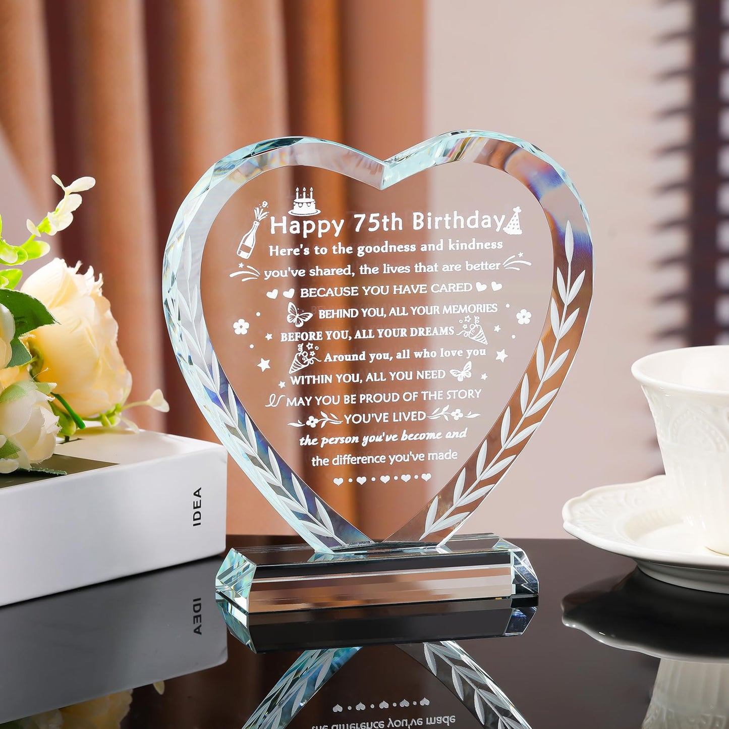 YWHL 75th Birthday Gifts for Women Men, Laser Engraving Crystal Heart Happy 75th Birthday Plaque Decorations, Gifts for 75 Year Old Women Men Mom Dad Grandma Wife Friends