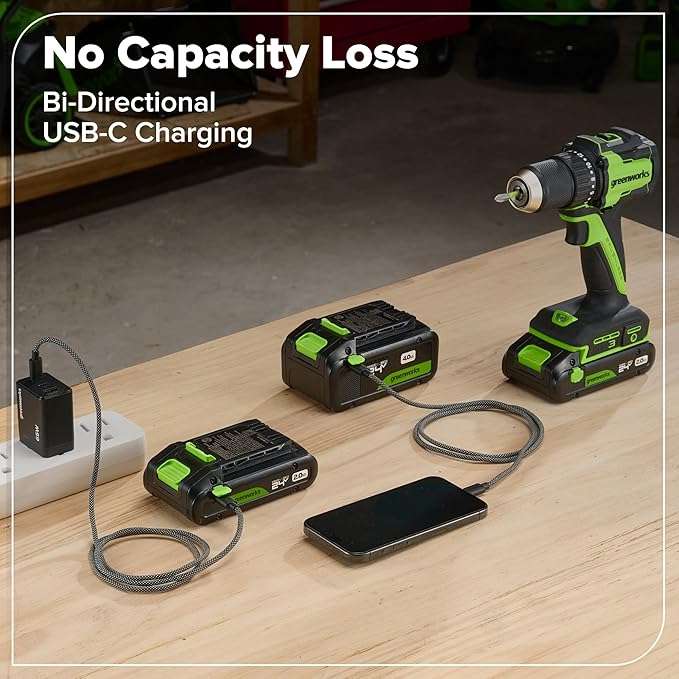 GREENWORKS 24V 1/2” Brushless Cordless Drill (800 In-lbs.), 4.0Ah (24,000mAh Power Bank) USB-C Battery, 3.3 FT Braided Cable, 65W Rapid Charger