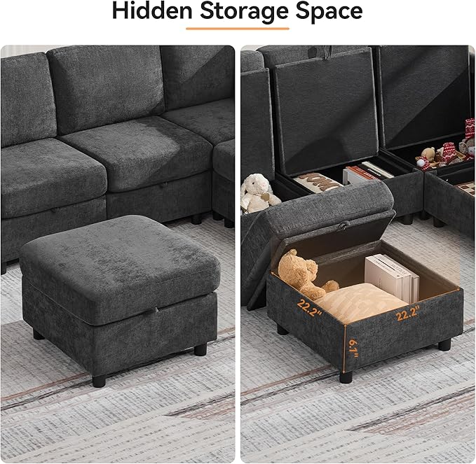 104'' V Shaped Modular Sofa, Sectional Couch with Storage for Living Room, Modern 7 Seater Cloud Sectional Couch with Movable Ottoman, Chenille Dark Grey