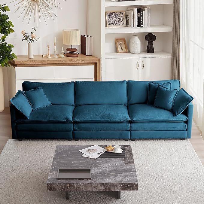 mikibama Luxury Modular Sectional Sofa, 111.5" Modern Chenille Comfy Cloud Couches for Living Room Office, 3 Seater Deep Sofa with 2 Armrest Pillows and 3 Toss Pillows, Blue