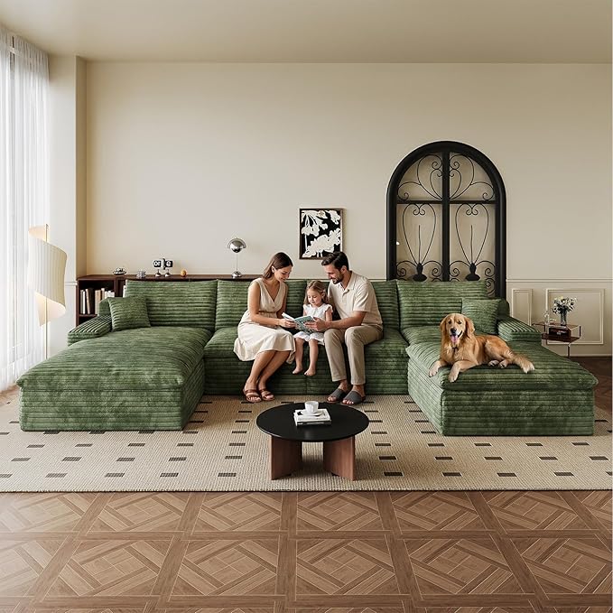 136" Cloud Sectional Couch U-Shaped Chaise with Ottoman, Corduroy Boneless Couch for Living Room Bedroom, Deep-Seat Upholstered Modular Cloud Sofa, No Assembly Required (Green, Left Facing Chaise)
