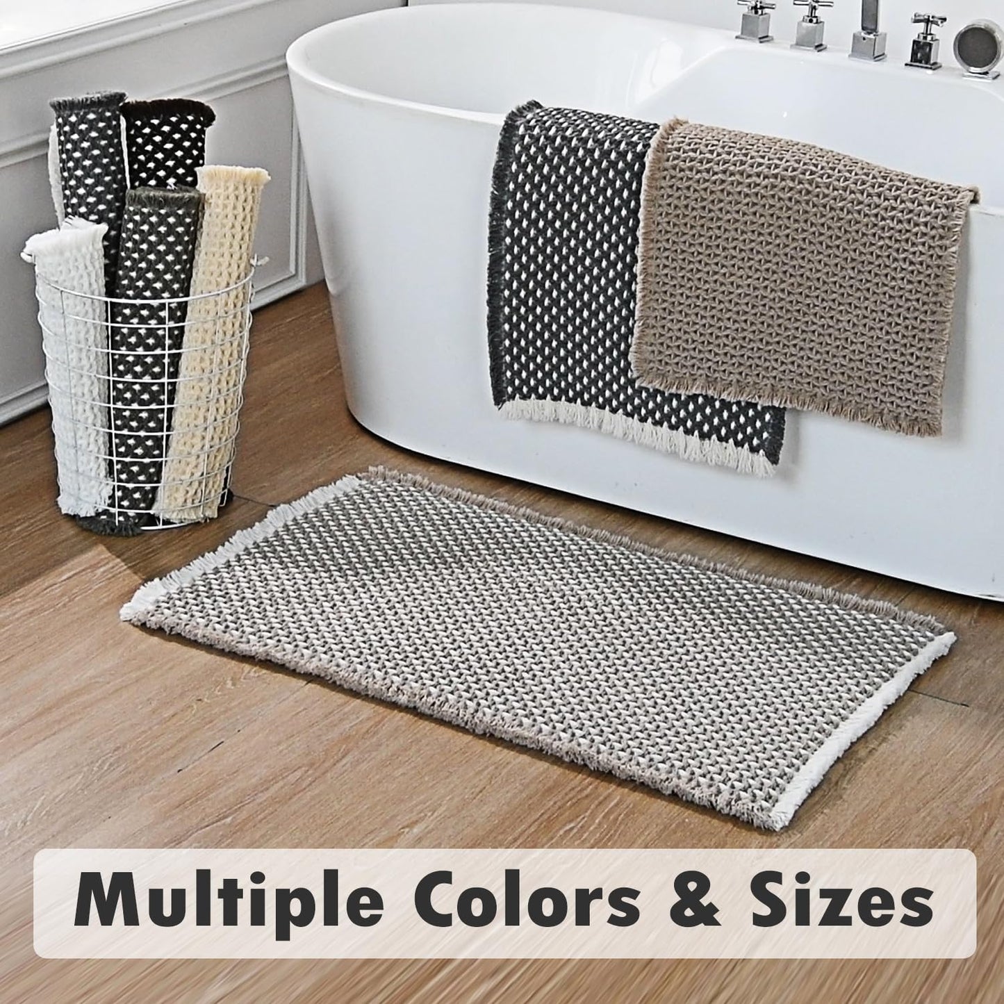 TYUU Boho Bathroom Rugs, Super Absorbent Non Slip Waffle Bath Mat Quick Dry Bath Rugs Washable Boho Farmhouse Bathroom Rugs, Khaki 24"x16"