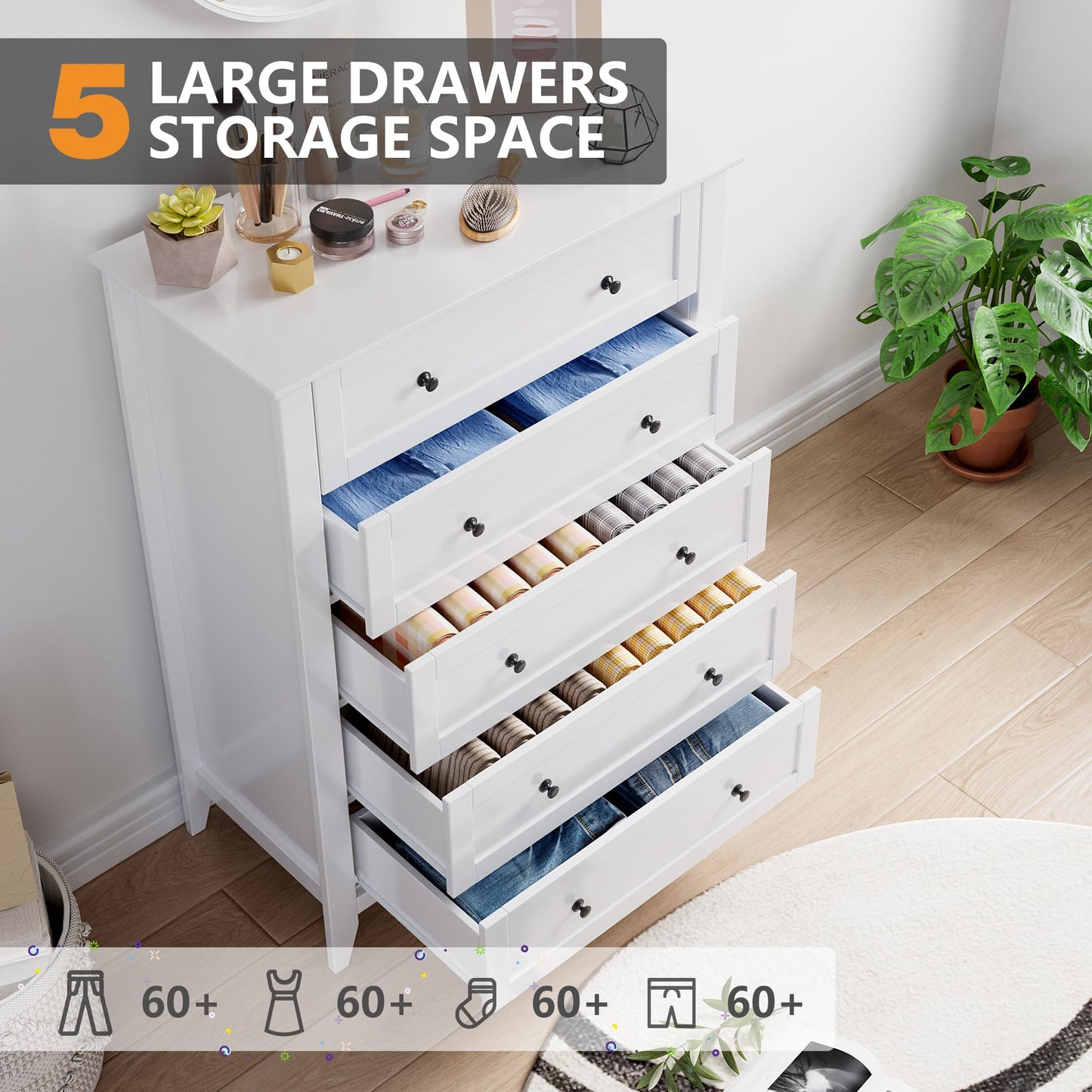 GarveeHome White Drawer Dresser for Bedroom, 5 Chest of Drawers, Modern Wood Tall Dresser Cabinet, Organizer Drawers for Closet, Living Room, Hallway, Entryway