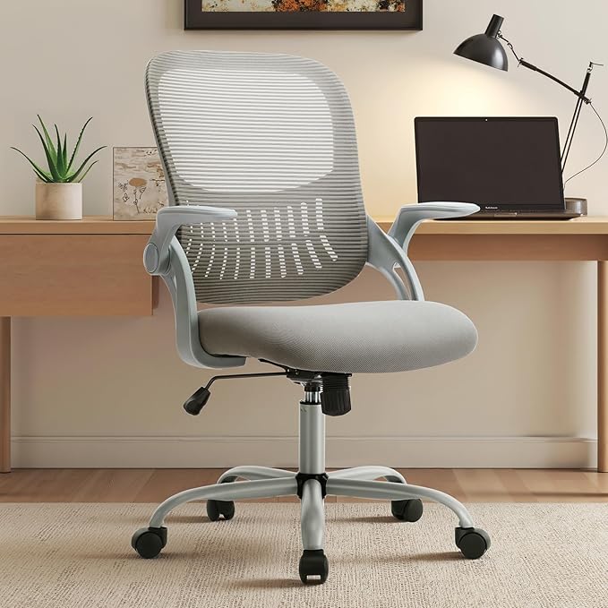 Sweetcrispy Home Office Managerial Executive Chair, Ergonomic Mesh Adjustable Swivel Mid-Back Chair with, Flip-up Arms, Co...