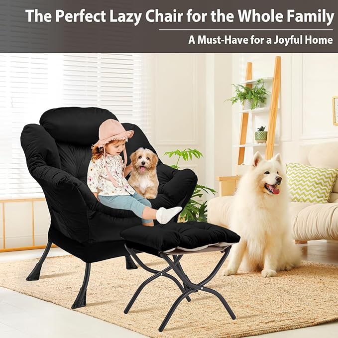 Youtanic Lazy Chair with Folding Ottoman, Accent Chair Velvet Upholstered with Metal Structure and Non-Slip Pads, Sofa Armchair with Footrest and Side Storage Bag for Dorm, Room, Office, Black