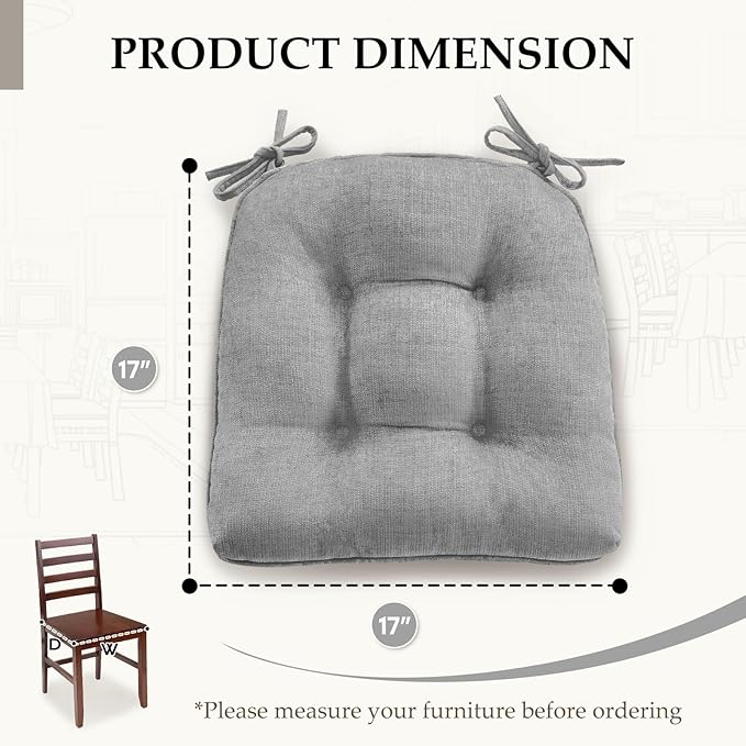 HARBOREST Chair Cushions for Dining Chairs Set of 4 - Chenille Tufted Kitchen Chair Cushions with Ties and Non-Slip Bottom, Foam Chair Pads for Dining Chairs, 17" x 17", Light Grey
