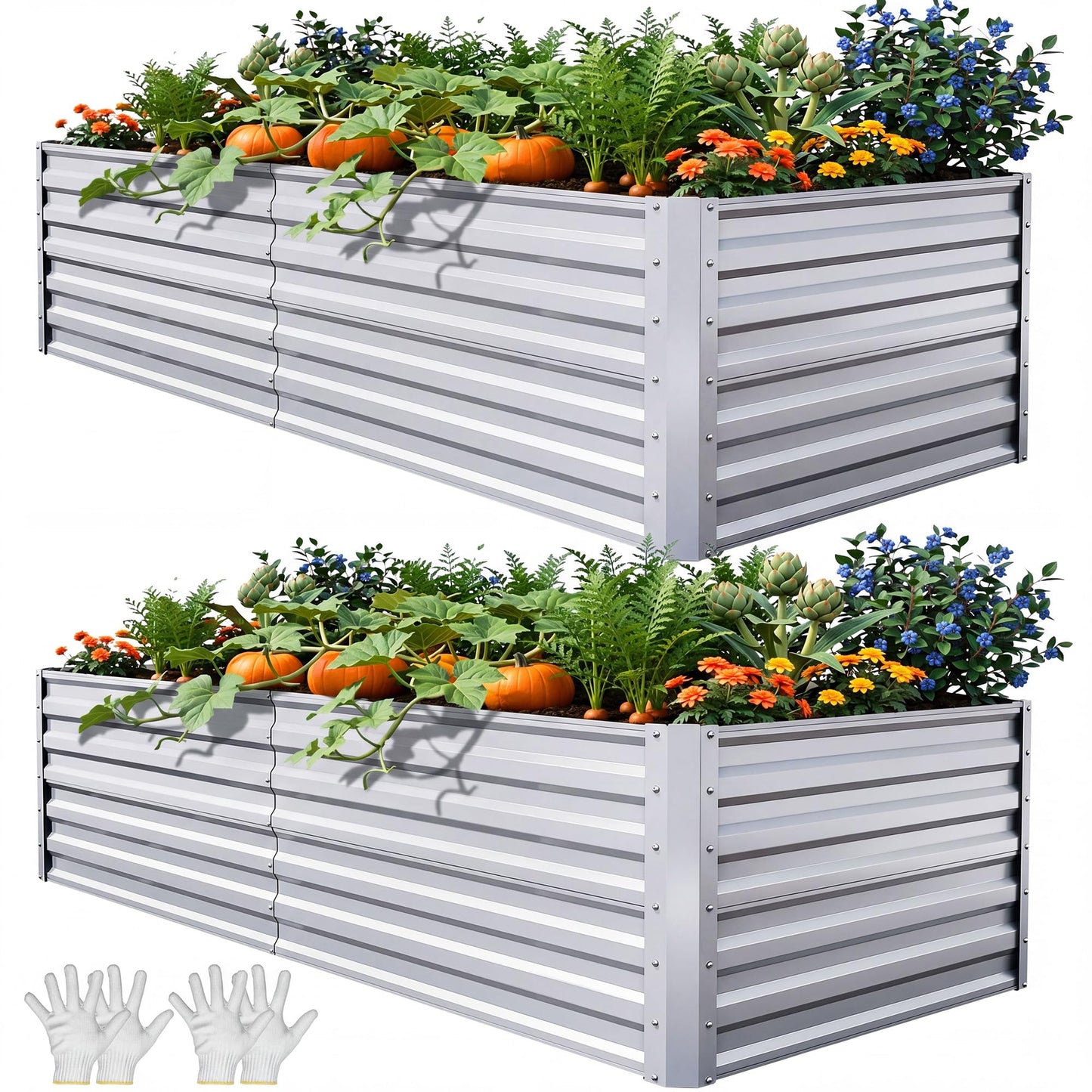 YITAHOME 6x3x2ft 2pcs Large Raised Garden Bed Kit, Galvanized Metal Planter Box with Gloves, Ground Nails, Support Rod, Outdoor Above Ground Planters for Plants Vegetables Flowers, Silver
