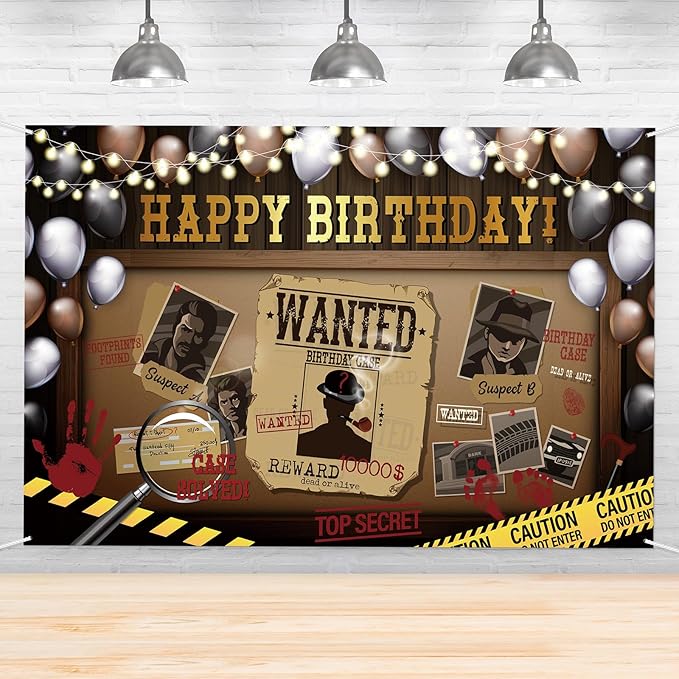 Detective Theme Birthday Backdrop, Murder Mystery Party Decoration, Funny Photography Supplies - Secret Spy - Who's The Bi...