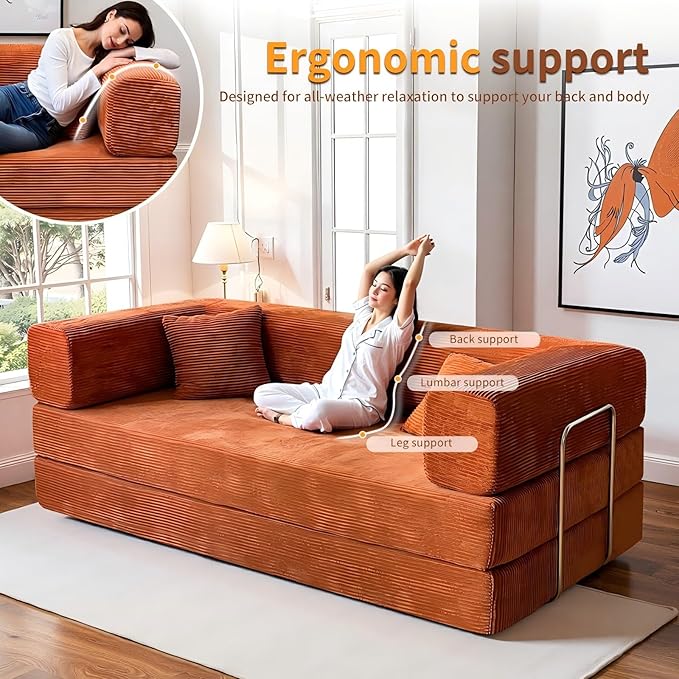 Kelyda 79 Inch Convertible Sofa Bed Couch in Box, 5 in 1 Folding Modular Boneless Couch with Pull Out Bed 2 Pillows, Soft Corduroy Floor Futon Lounge Loveseat Sleeper Lazy Cama No Assembly Orange