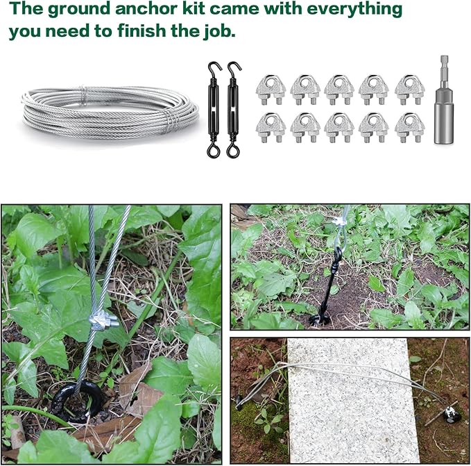 hannger 8 Pack 18" Ground Anchors Shed Anchor Kit with 100 FT Galvanized Cable & Turnbuckles, Heavy Duty Earth Anchors for Sheds Canopy Gazebo Dog Runs Carport Tent