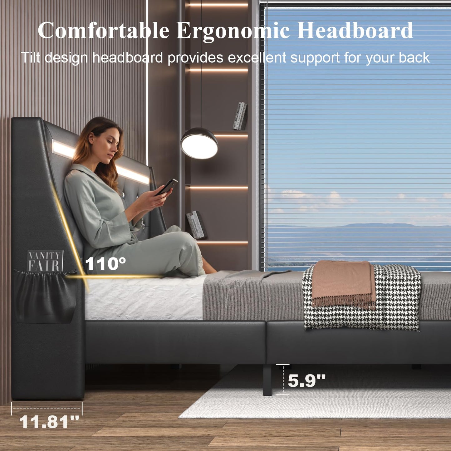 E-Motie Full Size Bed Frame with Wingback Upholstered Diamond Tufted Storage Headboard, LED Lights and Charging Station, Solid Wood Slats, Noise-Free, Easy Assembly, No Box Spring Needed, Black