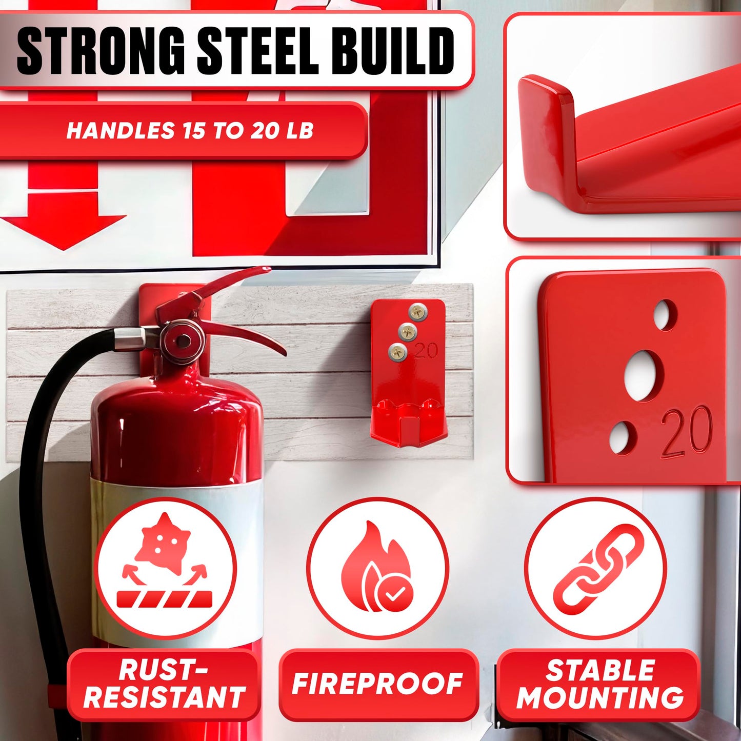 8 Pack Fire Extinguisher Hook - 2.36″ × 1.57″ × 2.36″ Fire Extinguisher Wall Mount Bracket, Hold Up to 20 lbs Each, Easy to Install, Includes Screw, Gaskets & Anchors, Good for Garage, Workshop, Home