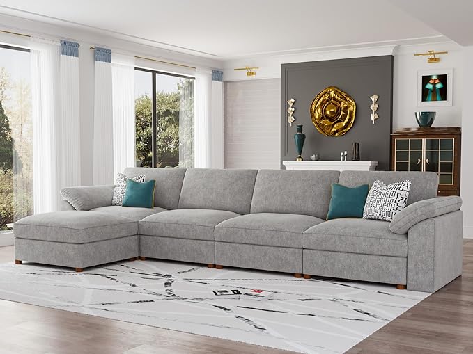 EASE MOOSE Extra Large Modular Sectional Sofa, Modern Oversized L Shape Sectional Couch,Comfty Deep Seat Chenille Modular Sofa with Ottoman, Light Gray