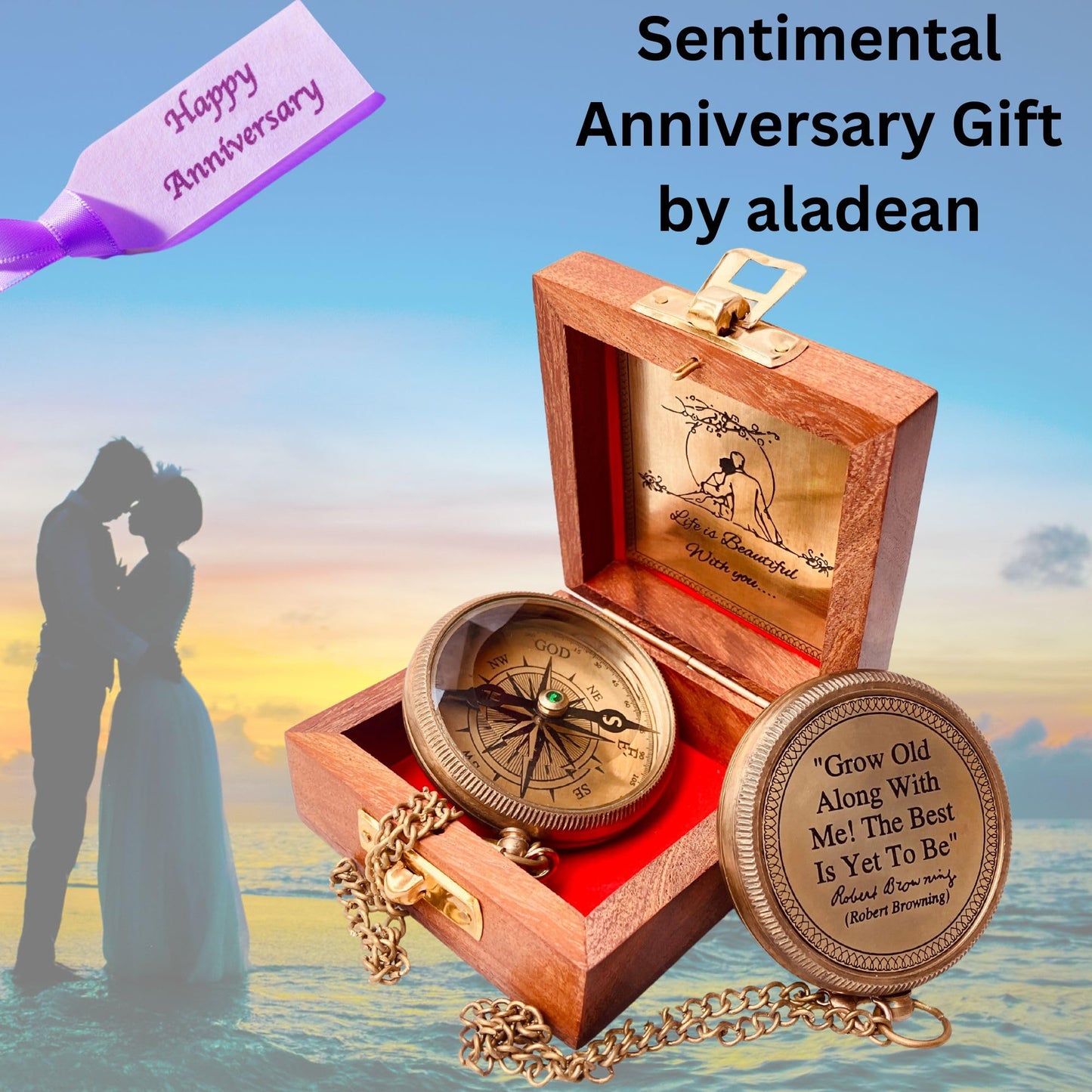 Romantic Gifts for Husband Wife - Brass Compass 2" | Engraved Quote Birthday Wedding Anniversary Christmas Lovers Gifts idea for Boyfriend Girlfriend Men Women Him Her (Grow Old Along with Me)